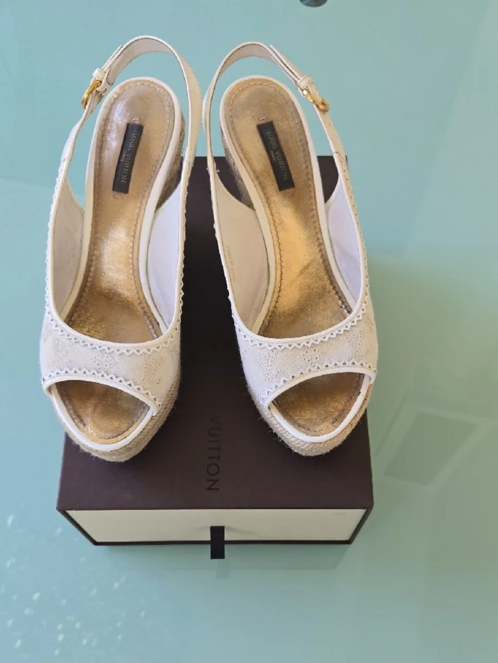 Louis Vuitton Cream Lace Slingback Espadrille Wedges with Gold Insole